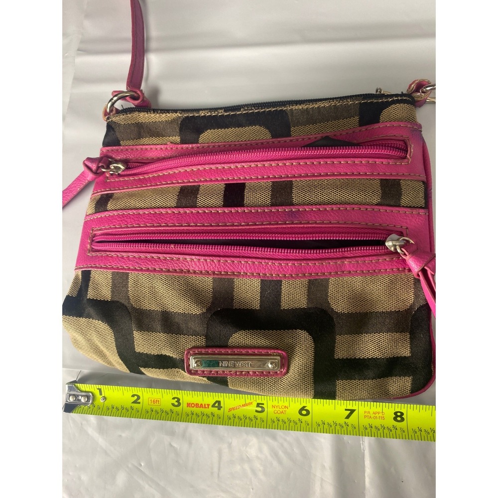 Nine West Pink Tan‎ Geometric Canvas Crossbody Bag Multi Zip Pocket Small Purse
